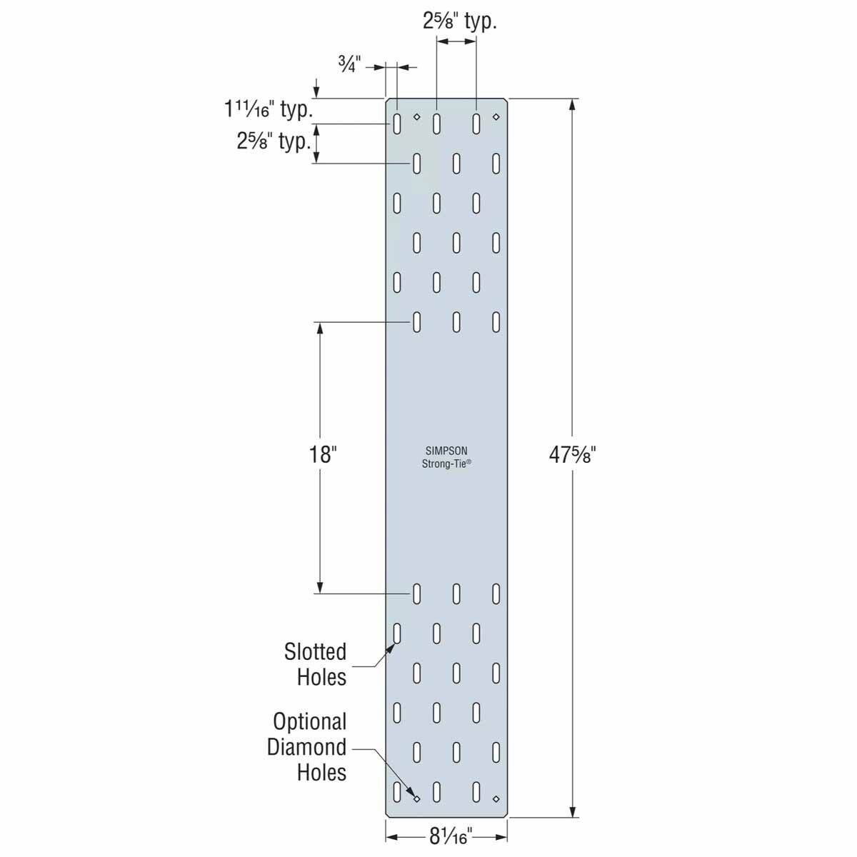 Simpson Strong-Tie MTWS48-8 (8-1/16 in. x 47-5/8 in.) High-Capacity 7-Gauge Mass Timber Washer Strap for CLT and Engineered Wood Connections