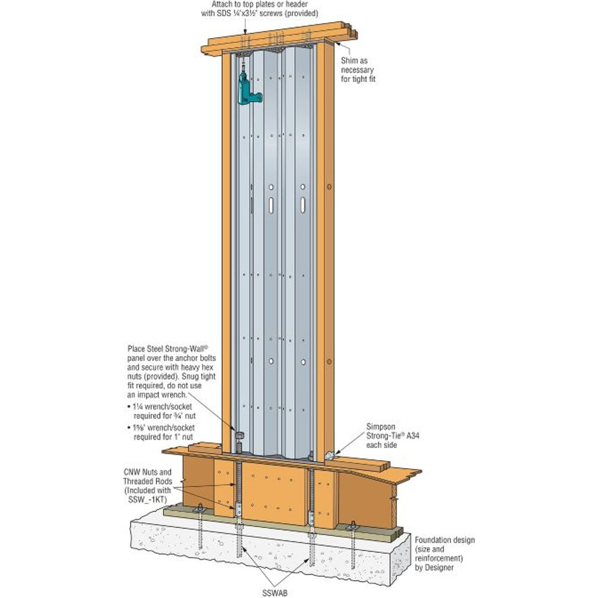 Simpson Strong-Tie SSW15-1KT Strong-Wall Strong-Wall Steel First-Floor Wall Connection Kit for 15" Walls