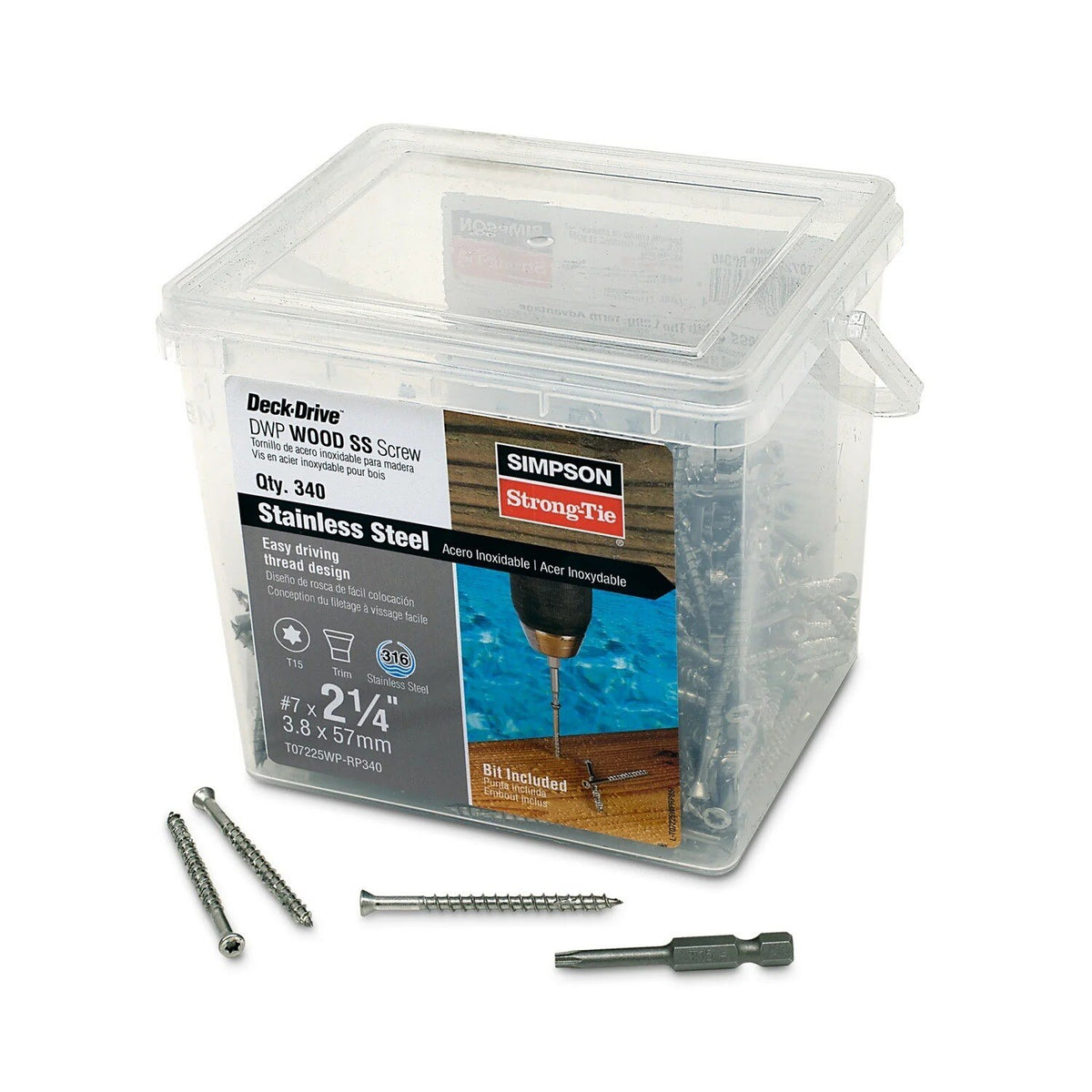 Simpson Strong-Tie T07225WP-RP340 Deck-Drive (#7 x 2-1/4") T-15 DWP Wood SS Screw, Trim Head, Type 316 (340 Pack) - 2
