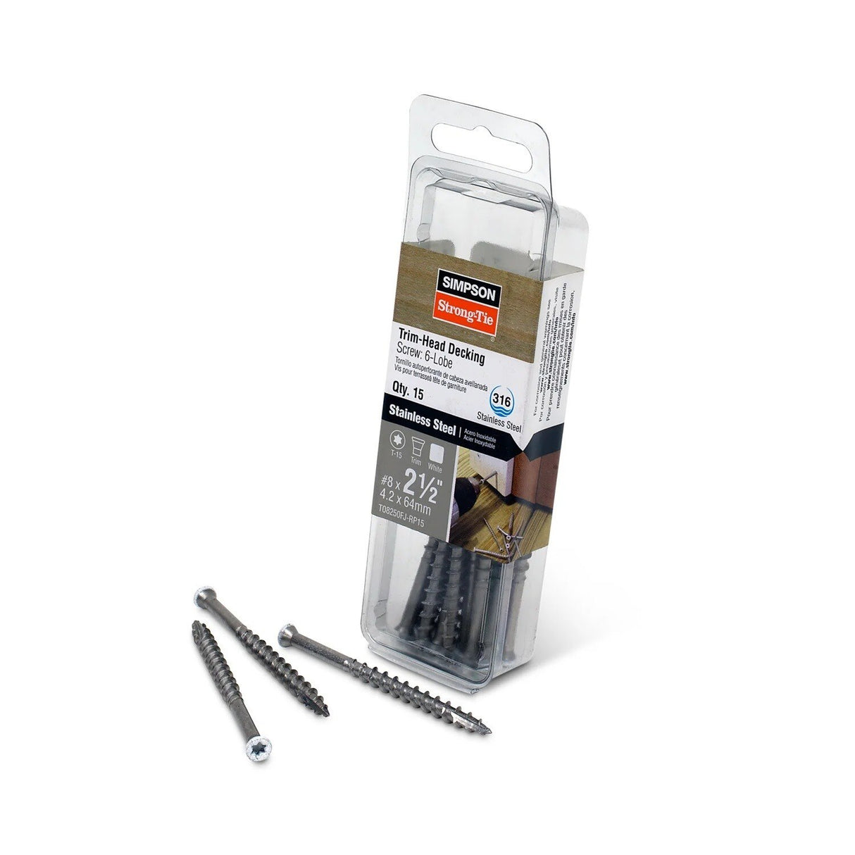 Simpson Strong-Tie T08250FJ-RP15 (#8 x 2-1/2") T15 6-Lobe Drive Trim-Head Screw, Type 316, White (15 Pack) - 2