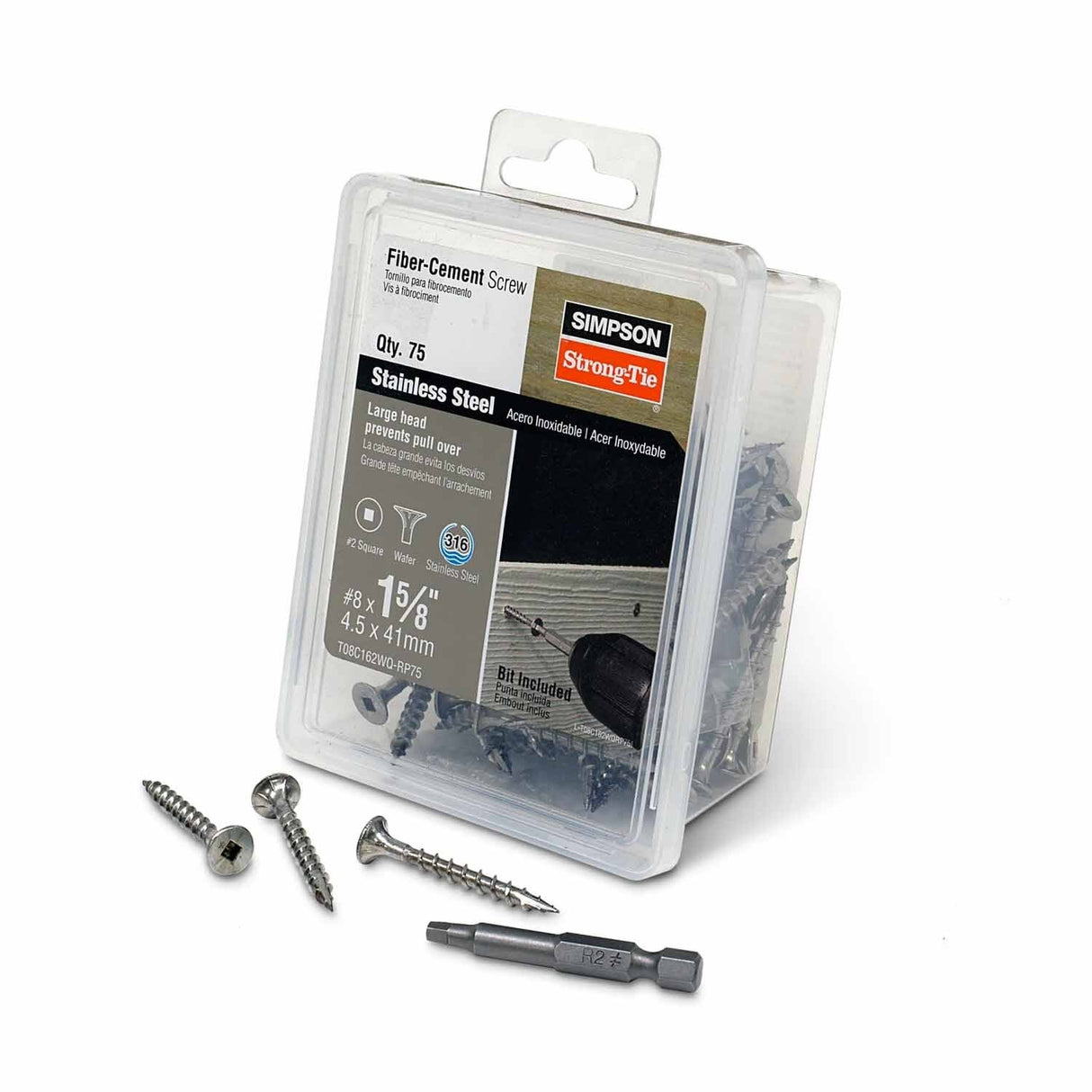 Simpson Strong-Tie T08C162WQ-RP75 (#8 x 1-5/8" #2) Fiber-Cement Screw Ribbed Wafer Head, Type 316 (75 Pack)