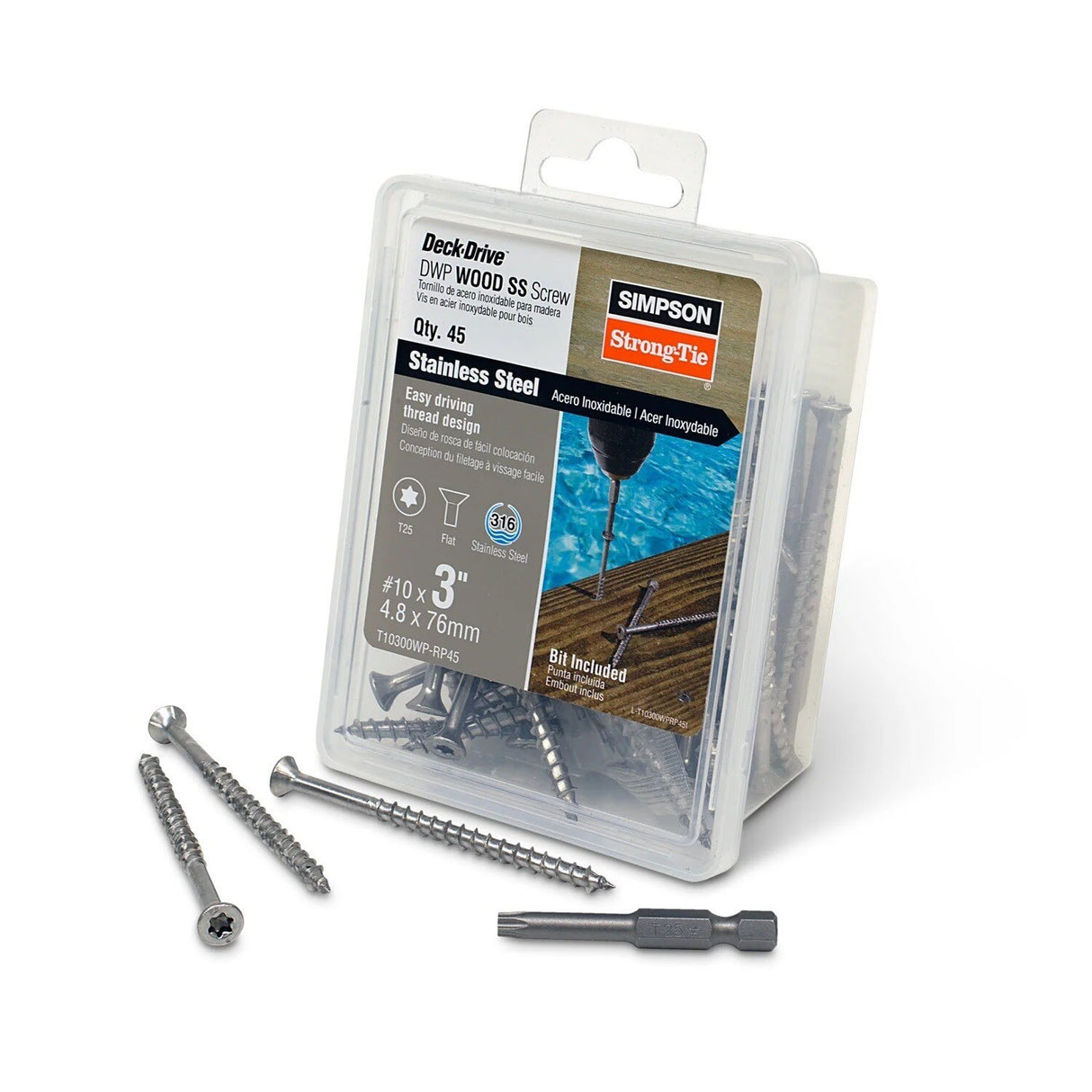Simpson Strong-Tie T10300WP-RP45 Deck-Drive (#10 x 3") T-25 DWP Wood SS Screw, Flat Head, Type 316 (45 Pack)