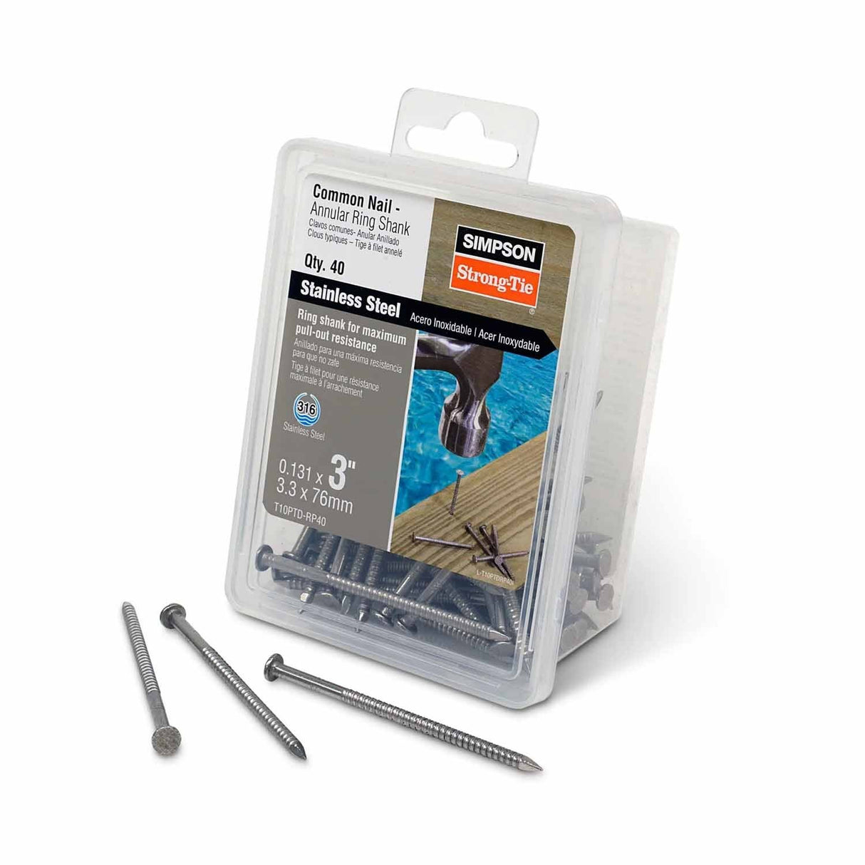 Simpson Strong-Tie T10PTD-RP40 (10d, 3-1/4" x .131") Stainless Steel Preservative-Treated Wood Decking Nail (40 Pack)