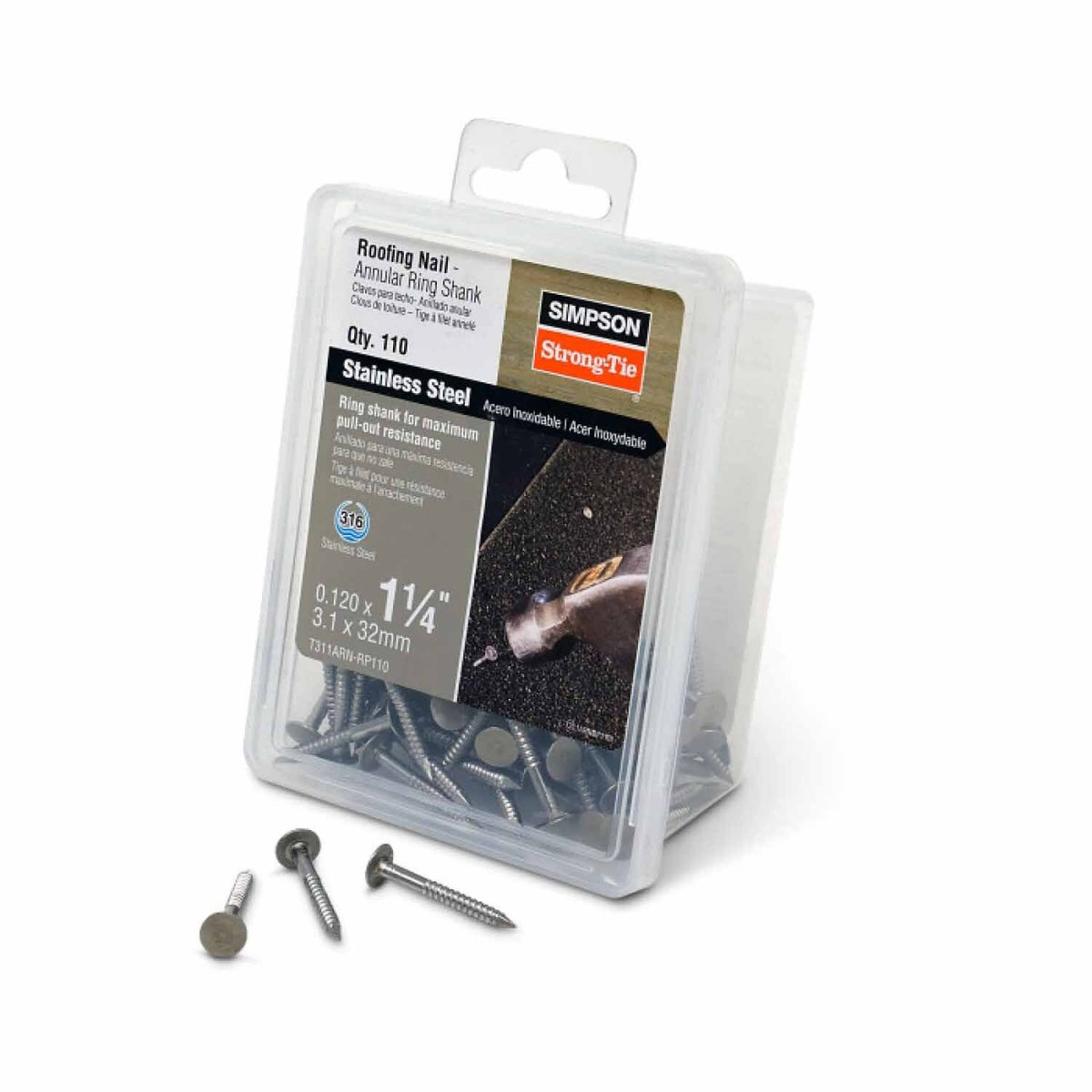 Simpson Strong-Tie T311ARN-RP110 (1-1/4" x 0.120") Roofing Nail, Annular Ring Shank, Type 316 (110 Pack) - 2