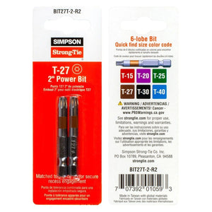Simpson Strong-Tie BIT27T-2-R2 (T27 x 2") 6-Lobe-Drive Power Bit (2 Pack) - 2
