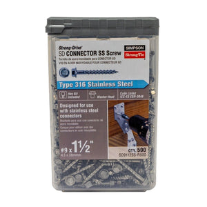 Simpson Strong-Tie SD9112SS-R500 Strong-Drive (#9 x 1-1/2") SD Connector SS Screw, 1/4" Hex Head, Type 316 (500 Pack)