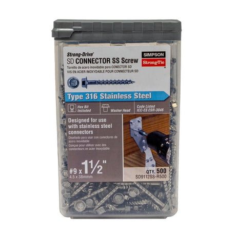 Simpson Strong-Tie SD9112SS-R500 Strong-Drive (#9 x 1-1/2") SD Connector SS Screw, 1/4" Hex Head, Type 316 (500 Pack)