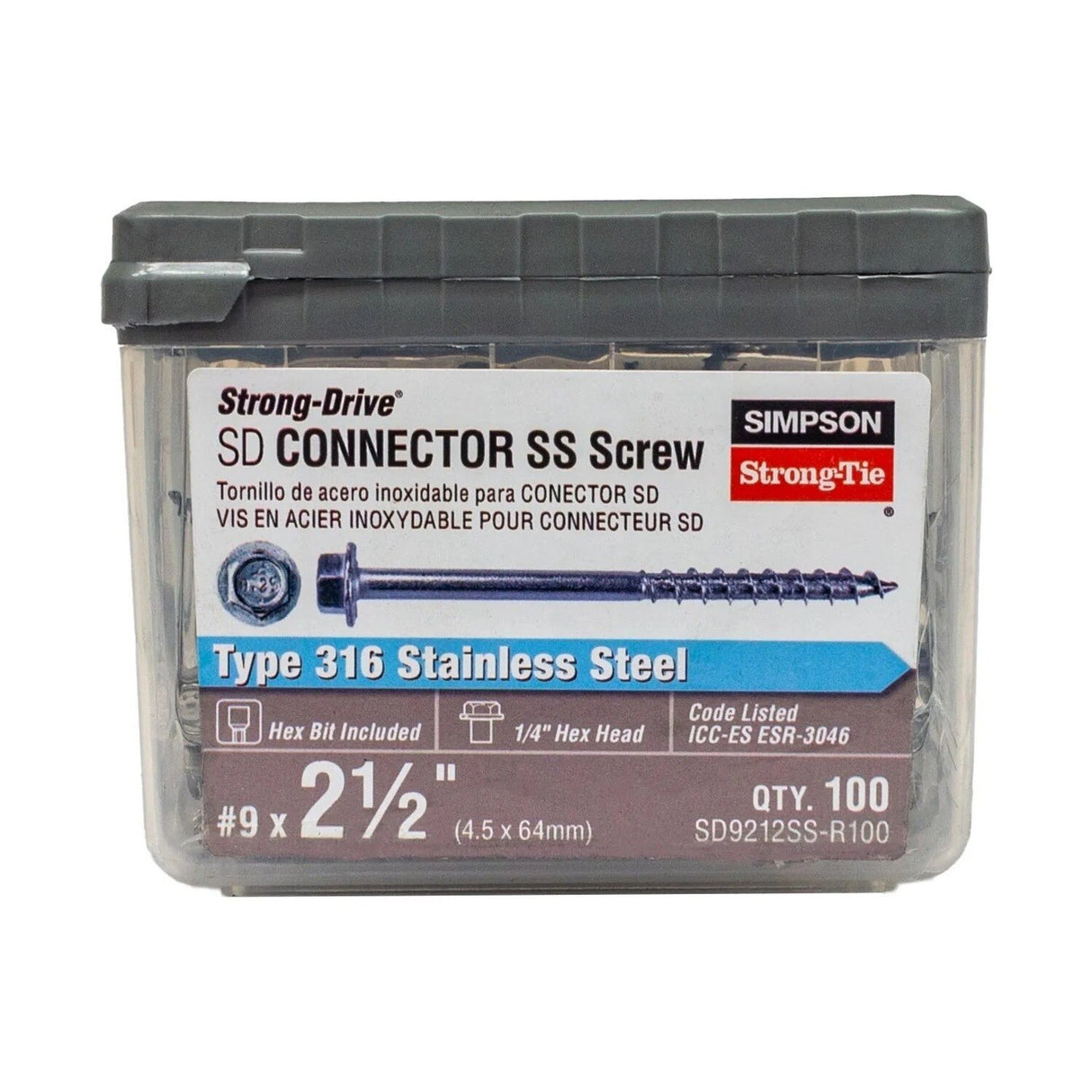 Simpson Strong-Tie SD9212SS-R100 Strong-Drive (#9 x 2-1/2") SD Connector SS Screw, 1/4" Hex Head,Type 316 (100 Pack)