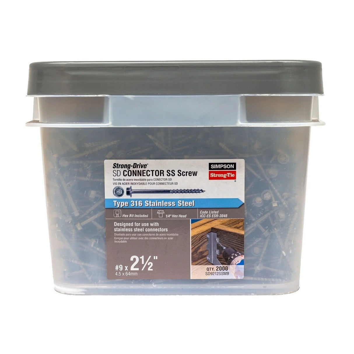 Simpson Strong-Tie SD9212SSMB Strong-Drive (#9 x 2-1/2") SD Connector SS Screw, 1/4" Hex Head,Type 316 (2000 Pack) - 2