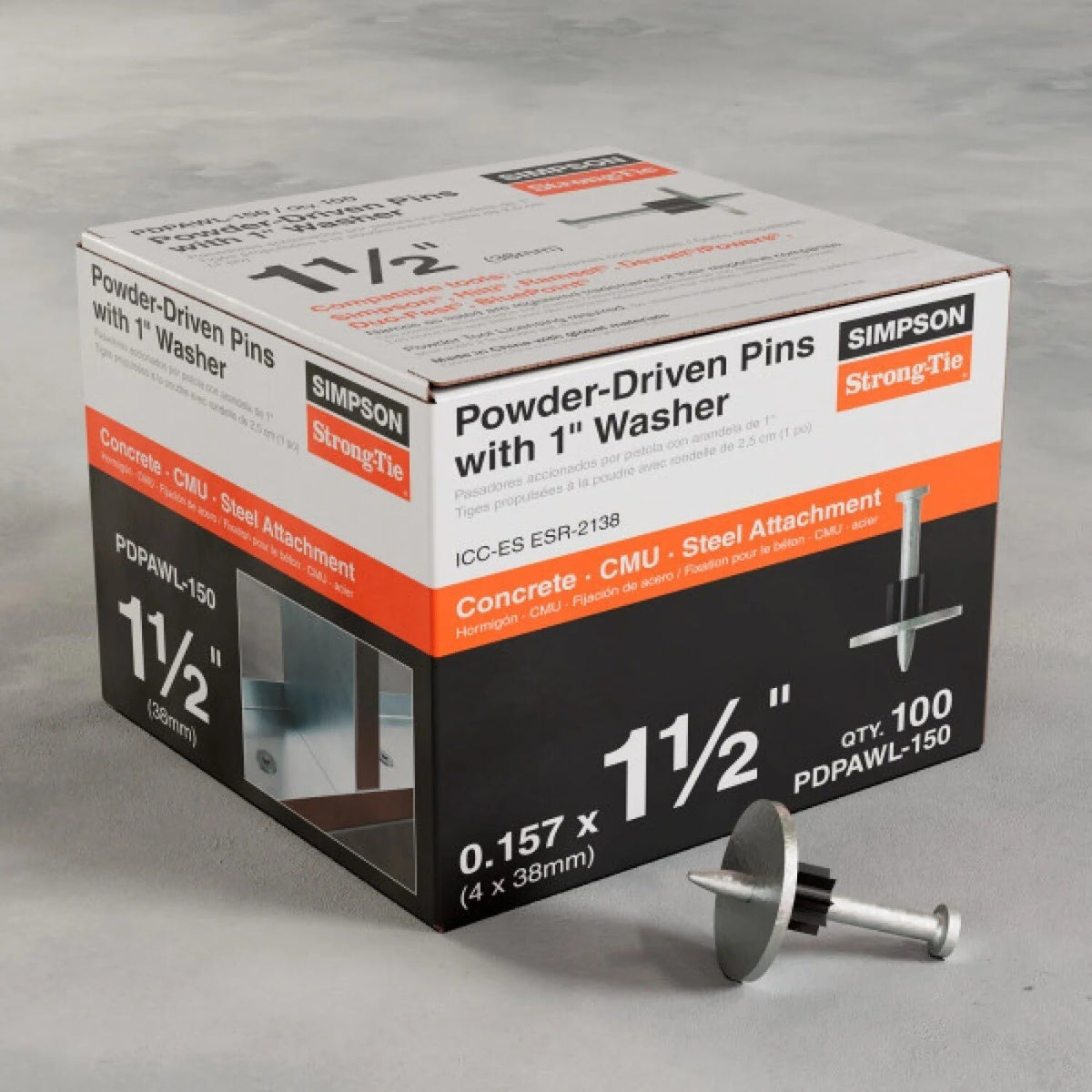 Simpson Strong-Tie PDPAWL-150 (1-1/2", 0.157" Shank, 0.300" Head) Powder-Actuated Pin with Washer (100 Pack) - 2