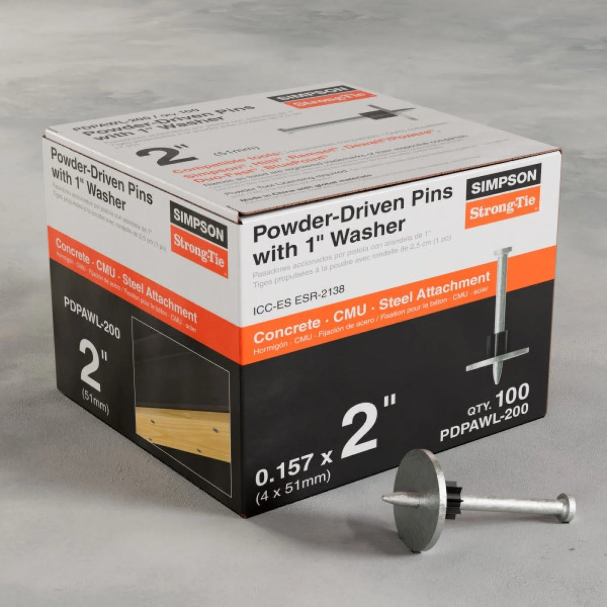 Simpson Strong-Tie PDPAWL-200 (1" washer, 2", 0.157") Powder-Actuated Pin with Washer - Mechanically Galvanized Steel (100 Pack) - 3
