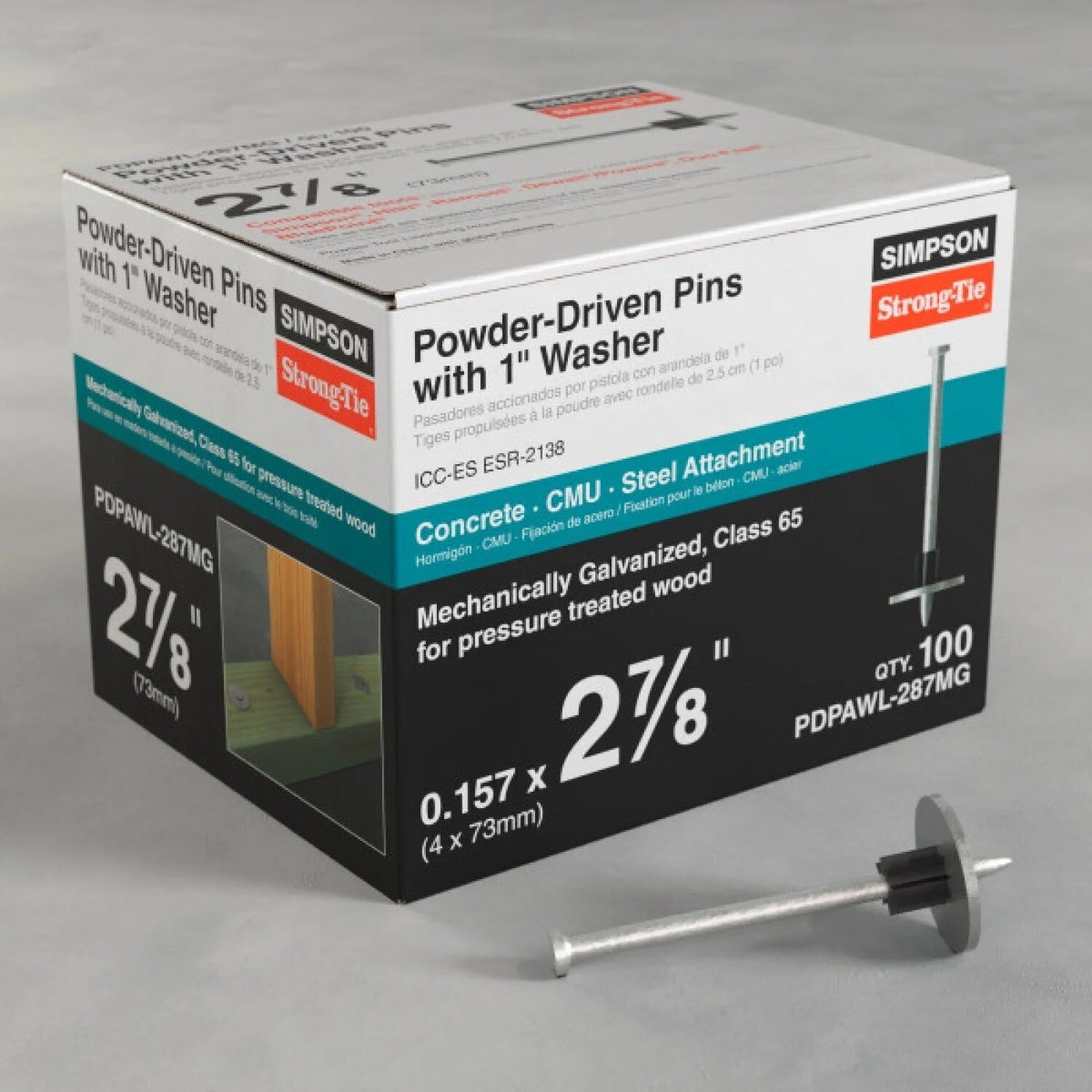 Simpson Strong-Tie PDPAWL-287MG (2-7/8", 0.157" Shank, 0.300" Head) Mechanically Galvanized Powder-Actuated Pin with Washer (100 Pack) - 2