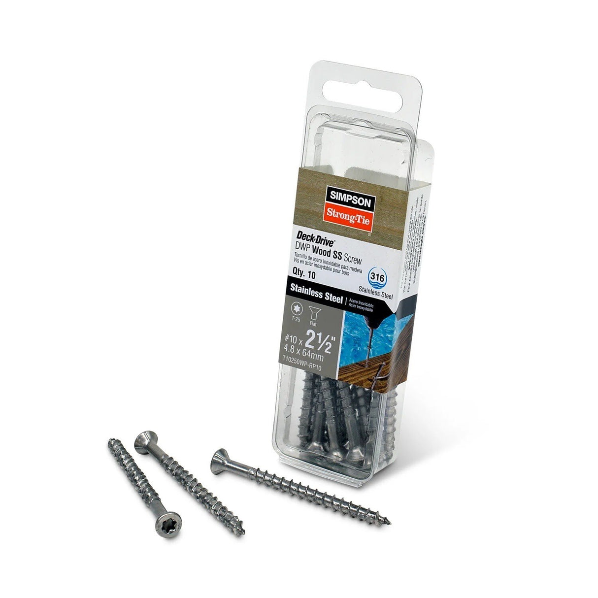 Simpson Strong-Tie T10250WP-RP10 Deck-Drive (#10 x 2-1/2") T-25 DWP Wood SS Screw, Flat Head, Type 316 (10 Pack)