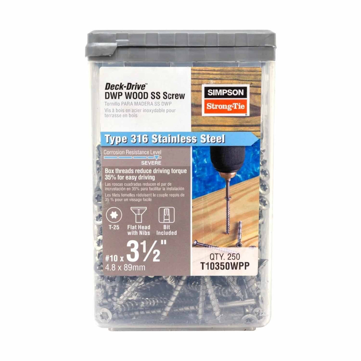 Simpson Strong-Tie T10350WPP Deck-Drive (#10 x 3-1/2") T-25 DWP Wood SS Screw, Flat Head, Type 316 (250 Pack) - 2