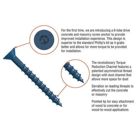 Simpson Strong-Tie TNT25234TF Titen Turbo (1/4" x 2-3/4") T30 Flat-Head Concrete and Masonry Screw, Blue (100 Pack) - 2